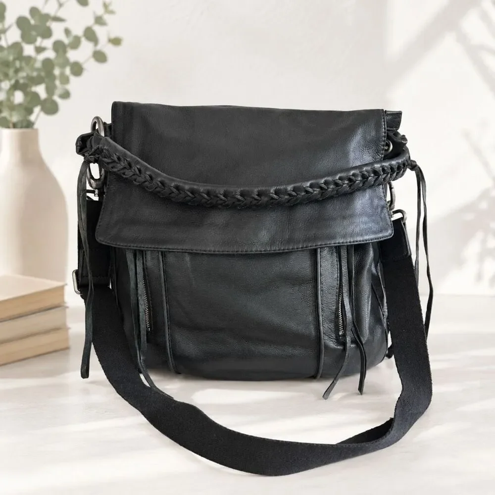 Christopher Kon Black Leather Hobo Crossbody Bag Braided Strap Fringe Tassels
